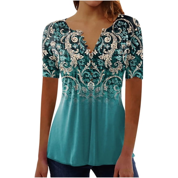 RKZDSR Plus Size Loose Fit Blouses Cute Rabbit Tees Womens Short Sleeve Tshirts Floral Print Peplum Tunic Shirts Button Henley V Neck Tops Aztec Style Shirts Mint Green XXXL