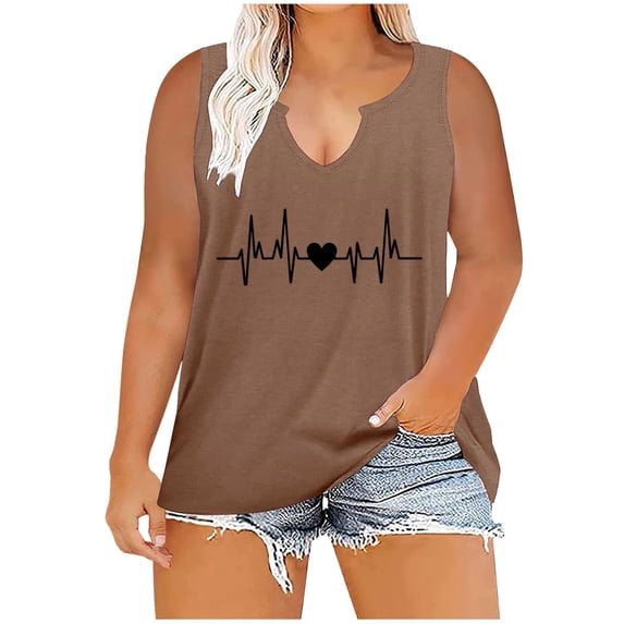 RKZDSR Plus Size Tank Top for Women Summer Clearance Printed Graphic Tops Casual Loose Vest V Neck Sleeveless Blouses Comfy Trendy Basic Shirts Holiday Tees Coffee XL