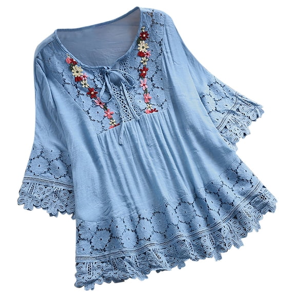 RKZDSR Plus Size Womens T-Shirts Boho Floral Print 3/4 Sleeve Loose Fit Casual Lace Crochet Eyelot Front Bowknot V Neck Embroidery Tops Trendy Graphic Tee Shirt Cozy Blouse Sky Blue XXXXL