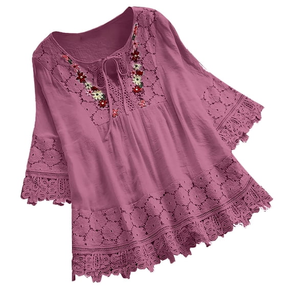 RKZDSR Plus Size Womens T-Shirts Boho Floral Print 3/4 Sleeve Loose Fit Casual Lace Crochet Eyelot Front Bowknot V Neck Embroidery Tops Trendy Graphic Tee Shirt Cozy Blouse Purple#02 XXXXXL