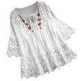 thumbnail image 1 of RKZDSR Plus Size Womens T-Shirts Boho Floral Print 3/4 Sleeve Loose Fit Casual Lace Crochet Eyelot Front Bowknot V Neck Three Quarter Embroidery Tops Trendy Graphic Tee Shirt Cozy Blouse White S, 1 of 5