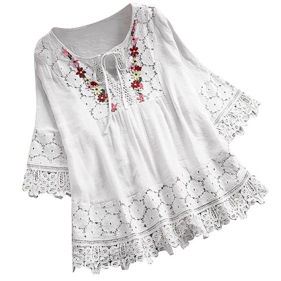 RKZDSR Plus Size Womens T-Shirts Boho Floral Print 3/4 Sleeve Loose Fit Casual Lace Crochet Eyelot Front Bowknot V Neck Three Quarter Embroidery Tops Trendy Graphic Tee Shirt Cozy Blouse White S