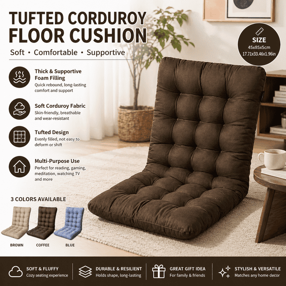 RKZDSR Tufted Corduroy Floor Chair Cushion, Thick Memory Foam Lazy Sofa Seat with Back Support, Foldable Tatami Floor Seat for Living Room, Meditation, Gaming & Reading