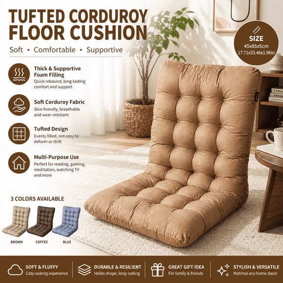 RKZDSR Tufted Corduroy Floor Chair Cushion, Thick Memory Foam Lazy Sofa Seat with Back Support, Foldable Tatami Floor Seat for Living Room, Meditation, Gaming & Reading Brown