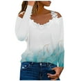 thumbnail image 1 of RKZDSR Women Tshirts Graphic,Plus Size Summer Womens Cold Shoulder Blouse Short Sleeve Cute Plain Tees Sexy V Neck Lace Crochet Patchwork Tunic Tops G09-Sky Blue L, 1 of 5
