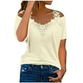 thumbnail image 1 of RKZDSR Women Tshirts Graphic,Plus Size Summer Womens Cold Shoulder Blouse Short Sleeve Cute Plain Tees Sexy V Neck Lace Crochet Patchwork Tunic Tops Beige M, 1 of 6