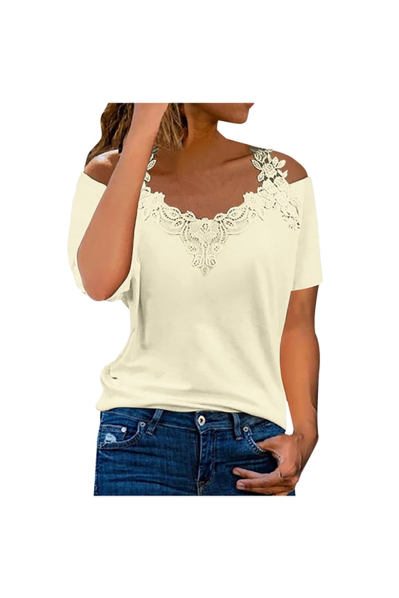 Women Tshirts Graphic,Plus Size Summer Womens Cold Shoulder Blouse Short Sleeve Cute Plain Tees Sexy V Neck Lace Crochet Patchwork Tunic Tops Beige XXL