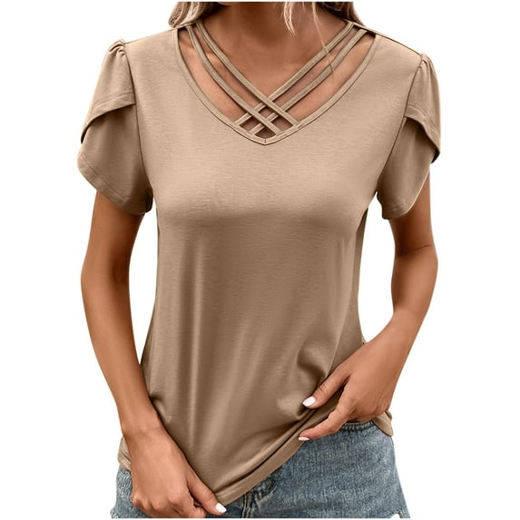 RKZDSR Women's Summer Tops Criss Cross Hollow V Neck Blouse Solid Color Basic Shirts Double Layer Puff Short Sleeve T-Shirt Plain Femal Workout Tops Khaki L