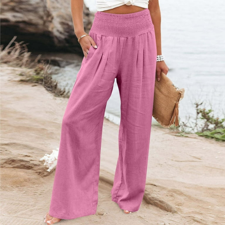 RKZDSR Womens Cotton Linen Wide Leg Pants Summer Casual High Waisted  Palazzo Pants Solid Color Loose Baggy Lounge Beach Trousers with Pockets  Hot Pink