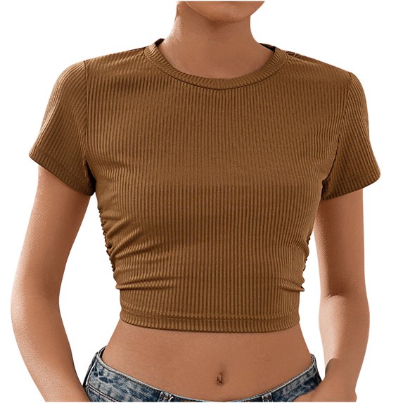 RKZDSR Womens Crop Top Summer Fashion Y2k Tops Ribbed Slim Fit Tank Top Casual Round Neck Tees Short Sleeve T Shirt Crewneck Y2K Ribbed Knit Slim Fit Crop Top Brown S