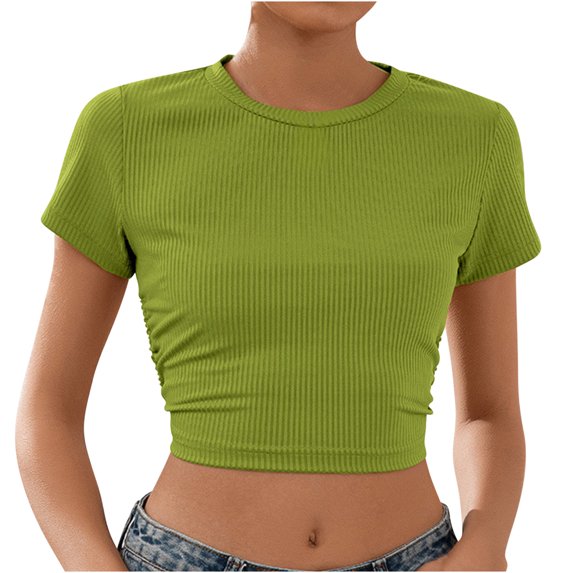 RKZDSR Womens Crop Top Summer Fashion Y2k Tops Ribbed Slim Fit Tank Top Casual Round Neck Tees Short Sleeve T Shirt Crewneck Y2K Ribbed Knit Slim Fit Crop Top Green XL