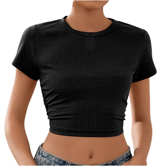 RKZDSR Womens Crop Top Summer Fashion Y2k Tops Ribbed Slim Fit Tank Top Casual Round Neck Tees Short Sleeve T Shirt Crewneck Y2K Ribbed Knit Slim Fit Crop Top Black XL