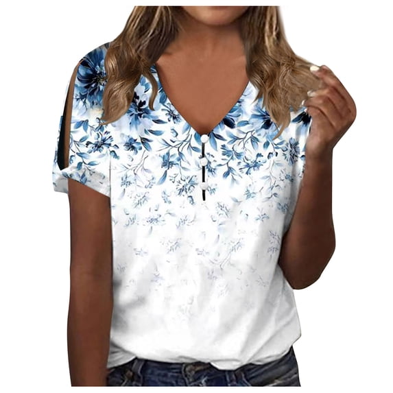 RKZDSR Womens Hollow Out Short Sleeve Tshirts Floral Print Summer Dressy Casual Blouse Button V Neck Loose Shirts Fall Fashion Comfy Cute Tops Blue XXL