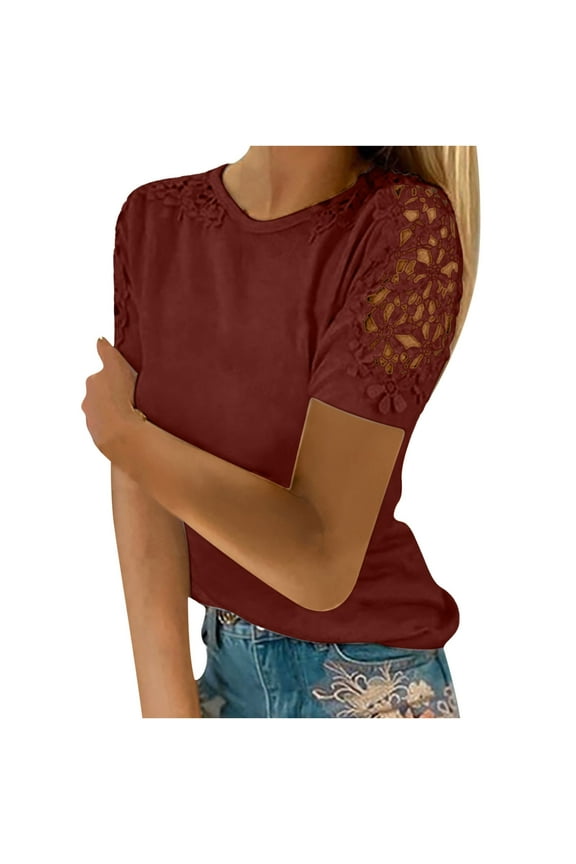 Womens Plus Size T Shirts Basic Crew Neck Tee Loose Fitting Casual Short Sleeve Tops Plain Summer Lace Patchwork Blouse Ladies Fashion Tunics Wine XXXL