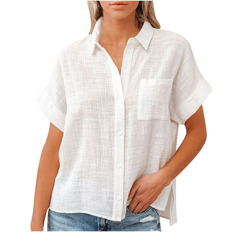 Rkzdsr Rkzsdr Linen Shirts for Women Casual Dressy Plus Size Summer Short Sleeve Button Down Shirt Tops Trendy Plain Tees Oversized Loose Relaxed