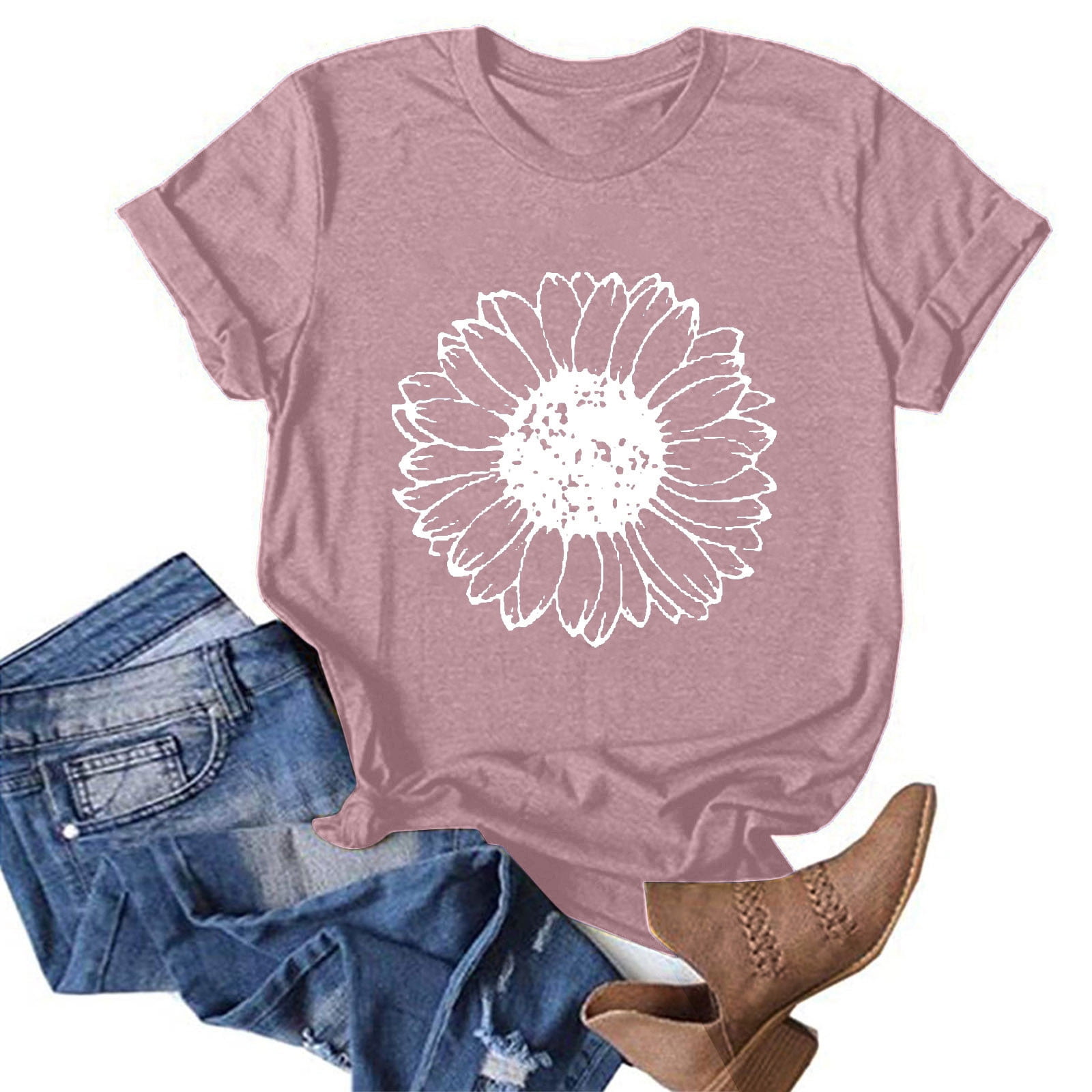 RKZSDR Sunflower Shirts for Women Loose Fit Cute Graphic Tee Shirts Plus  Size Casual Summer Short Sleeve Print Funny Tee Shirts Top Soft Cotton  Oversized Cozy Blouse Pink XXL 