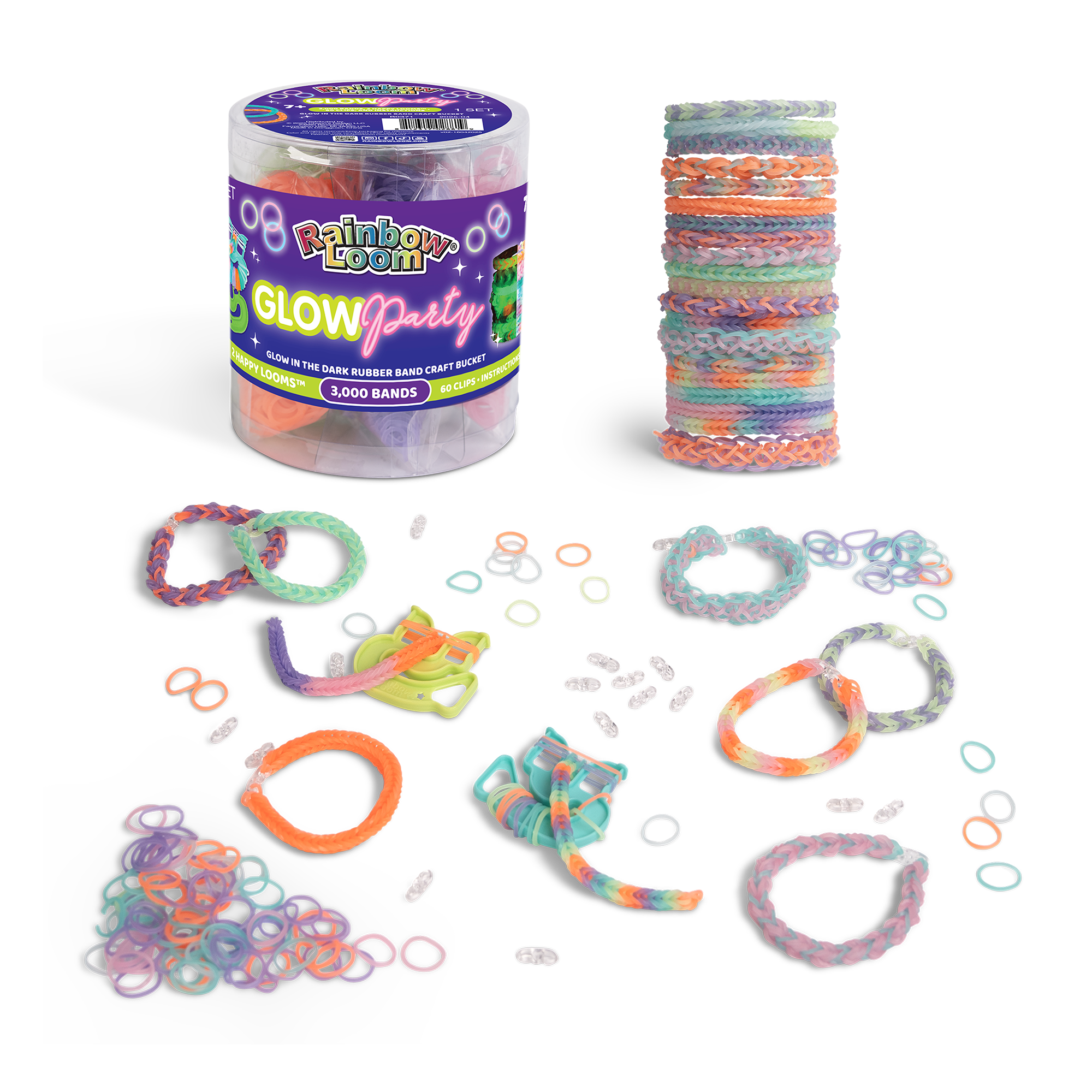 Rainbow Loom Glow Party Bucket Bracelet Making Kit, Glow-in-the-Dark Rubber Band Craft Bucket