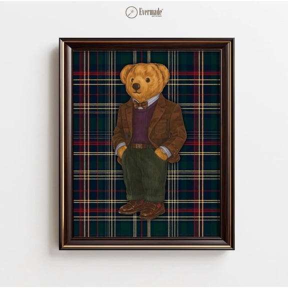 RL Polo Bear Nursery Art , Baby Boy Room Decor, Tartan Plaid Wall Print, Preppy Teddy Bear Poster, RL-Inspired Printable Art 8x12 UNFRAMED