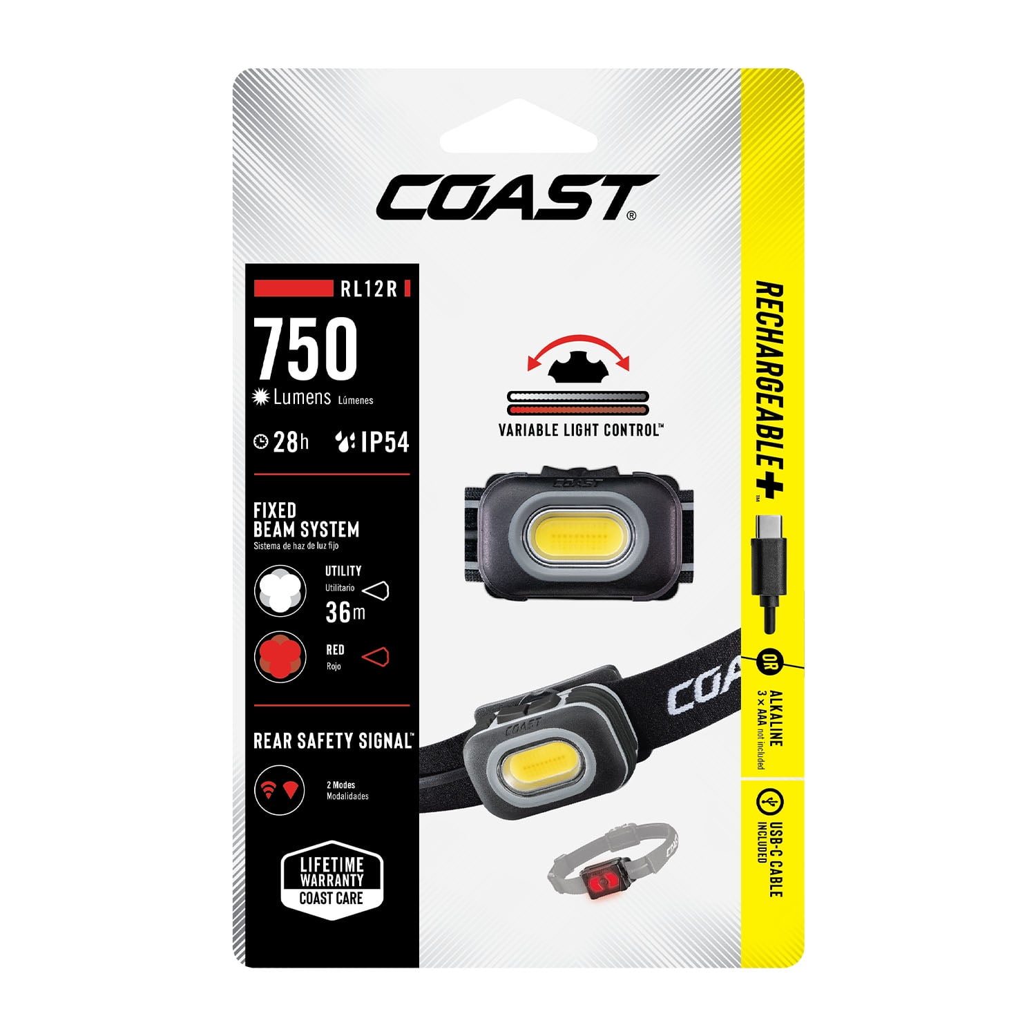 COAST RL12R Rechargeable Headlamp  750 Lumens, Dual Color Beam, Variable Light Control