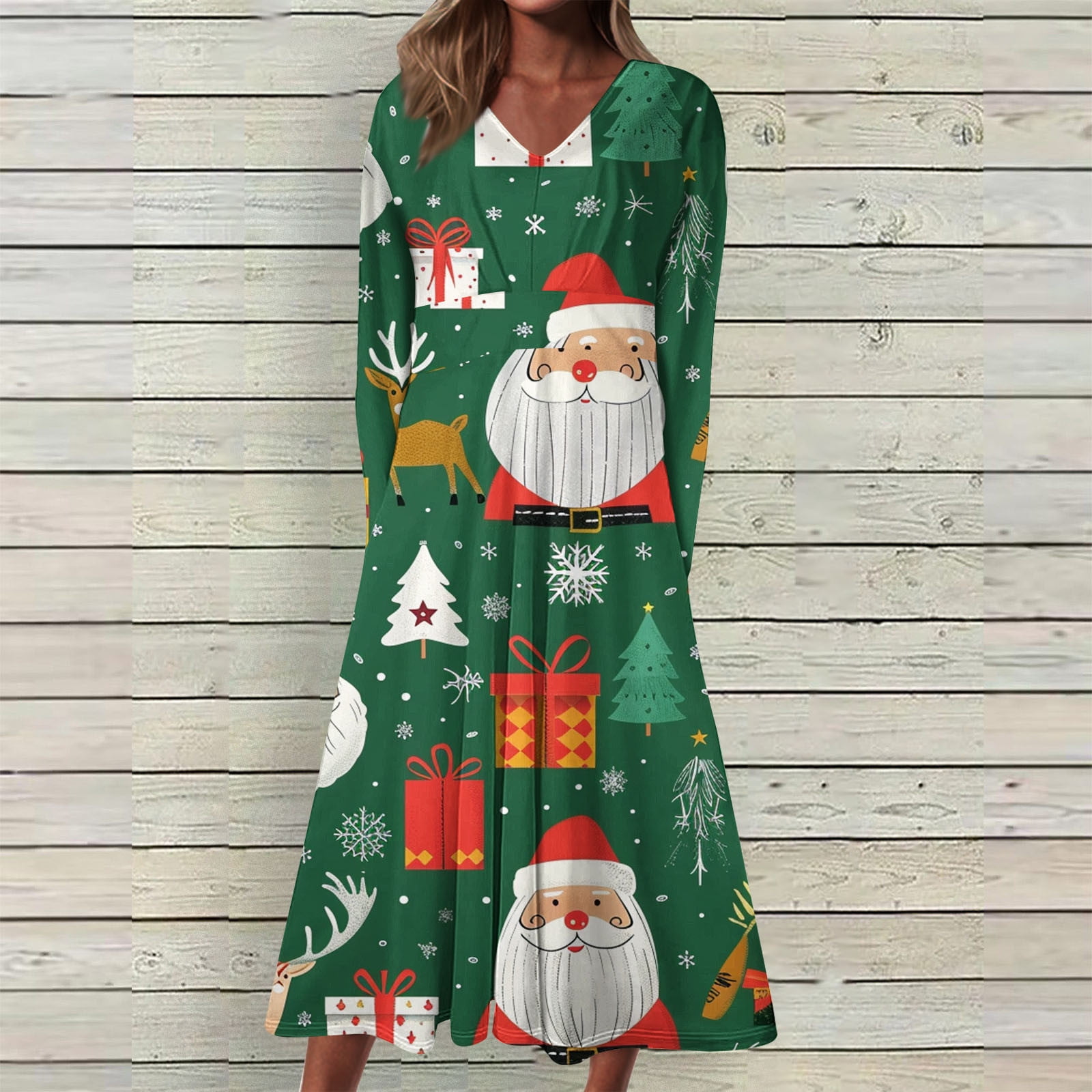 RLATCR Women's Christmas Dress Long Sleeve V Neck Xmas Printing Dress