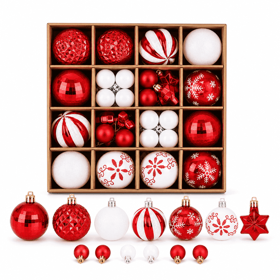 RLBOFLSOT 44 Pcs Christmas Ball Ornaments Set, Red and White Shatterproof Hanging Baubles for Christmas Tree Holiday Home Party Decorations