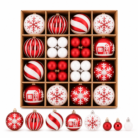 RLBOFLSOT 44 Pcs Christmas Ball Ornaments Set, Red and White Shatterproof Hanging Baubles for Christmas Tree Holiday Home Party Decorations