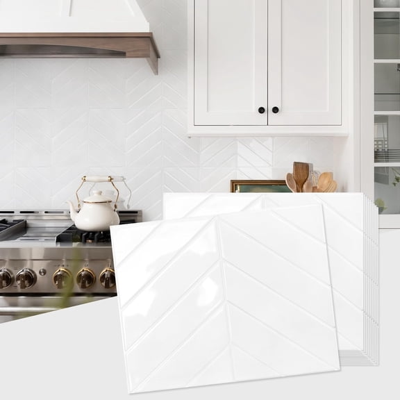 RLESO 10 Sheets Thicker Herringbone Peel and Stick Backsplash,12.69.7 Stick on Wall Tiles,Self Adhesive Tile Sticker for Kitchen Backsplash and Bathroom,Pure White
