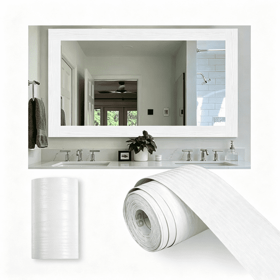 RLESO 10M White Wood Grain Mirror Frame Border Peel and Stick Wallpaper,Removable Pvc Waterproof Bathroom Mirror Tape Sticker Trim,Kitchen Wallpaper Self Adhesive Decor Sticker 2" X 393"