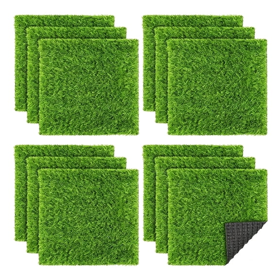RLESO 12 Pieces Artificial Grass Mat Square 12X12In Fake Turf Patch Indoor Outdoor Garden Lawn Patio Balcony Synthetic Turf Mat Realistic Grass Rug for Crafts Miniature Garden Diy,Grass Green