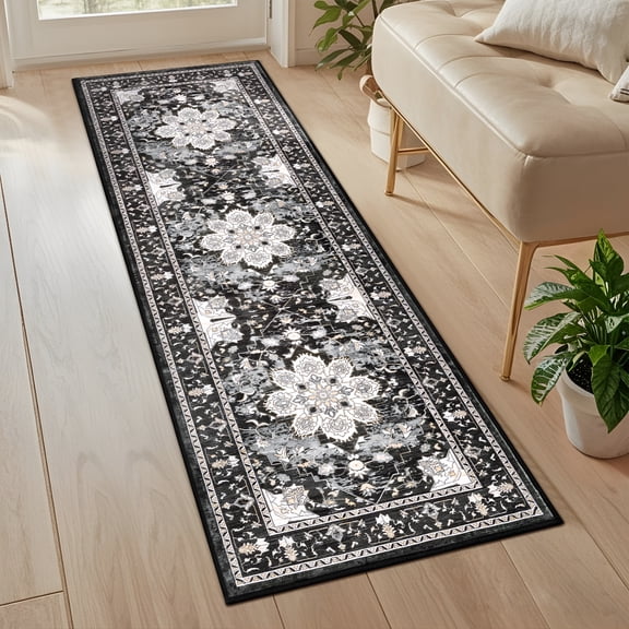 RLESO 2'X6'Persian Vintage Runner Rug for Hallways,Non-Slip Machine Washable Area Rug Indoor Carpet Distressed Oriental Floor Rug for Bedroom/Dining/Living/Laundry Room,Black