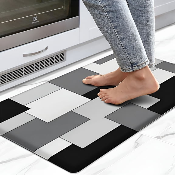 RLESO 2026 New Black Grey Kitchen Rug Anti-Fatigue Kitchen Mat Abstract Geometric Kitchen Mat for Kitchen,Home,Office,Workshop 17.3