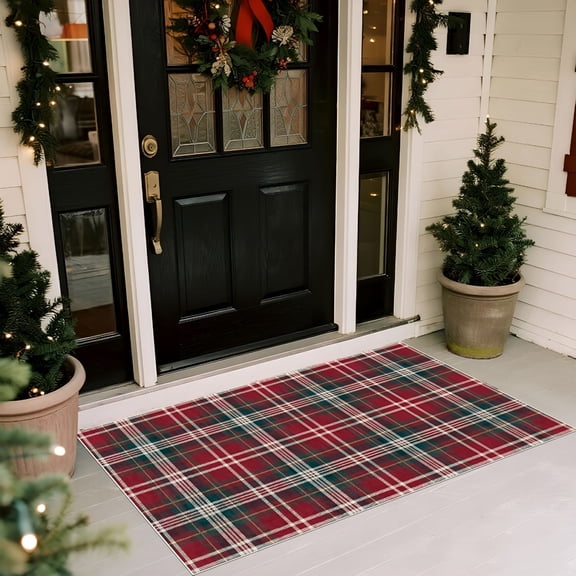 RLESO 2026 New Christmas 3X5 Entry Rug-Small Washable Indoor Outdoor Mats for Front Door Non-Slip Porch Rug Holiday Tartan Plaid Throw Rugs for Living Room Bedroom Entryway Kitchen Office Porch Decor