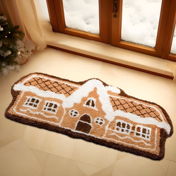 RLESO 2026 New Christmas Rug,Gingerbread House Shaped Area Rug,Gingerbread Rugs Non-Slip Ultra Soft Microfiber Door Mat Plush Christmas Decorative Rug for Living Room Bedroom,Beige