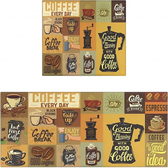 RLESO 2026 New Coffee Kitchen Rugs and Mats for Floor 2 Piece Set Non Skid Rubber Washable Kitchen Rug Runner for Kitchen,Pantry,Entryway,Bar Coffee Decor