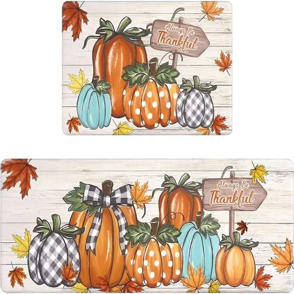 RLESO 2026 New Fall Kitchen Mat Anti Fatigue Cushioned Comfort Standing Desk Mats Rugs Colorful Pumpkin Kitchen Mats for Floor 17"X28"+17"X47"