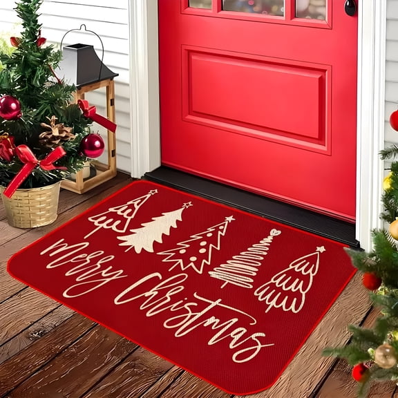 RLESO 2026 New Festive Merry Christmas Doormat - Red Xmas Tree All-Weather Floor Mat for Outdoor Entryway,Durable Holiday Rug for Kitchen,Bedroom & Bathroom Decor Kitchen Christmas Rugs