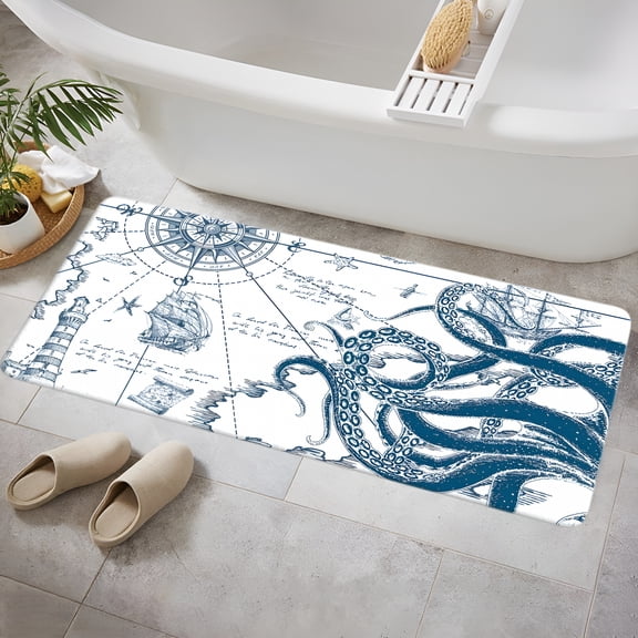 RLESO 2026 New Funny Nautical Octopus Bath Mat for Bathroom,Cool Coastal Ocean Beach Floor Rugs Mats Non Slip Navy Blue White Mens Boys Kids Bathroom Decor Accessories 16X48"Es Kitchen Bedroom Indoor