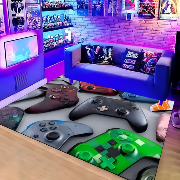RLESO 2026 New Gaming Rug for Kids Boy Bedroom Gamer Area Carpet 3D Neon Game Cool Blue Blacklight Living Room Game Room Large Area Rug Teen Boy Room Decor Non-Slip Comfy Floor Mat Rug for Boys Room