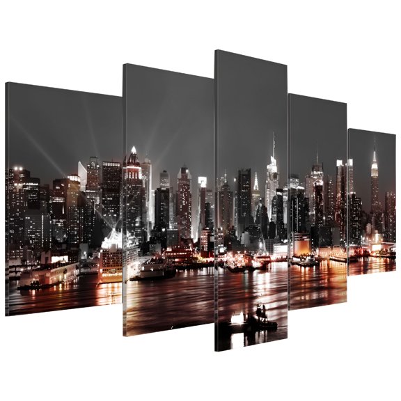 RLESO 2026 New Large 5 Piece New York City Canvas Wall Art Manhattan Skyline at Night Picture Prints Modern Home Office Wall Decoration Gallery Wrapped Ready to Hang