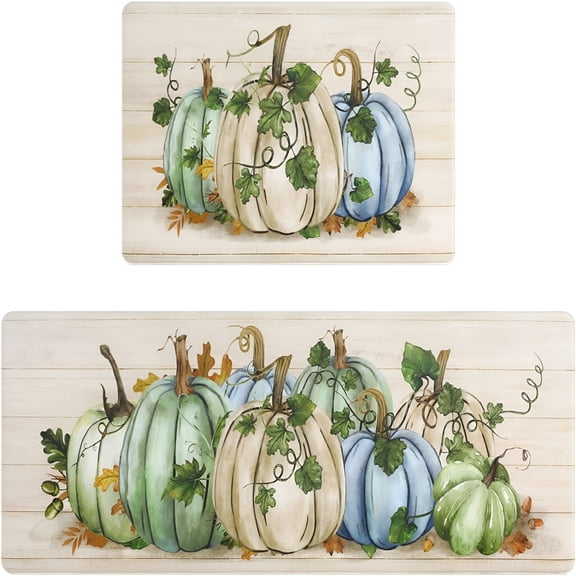 RLESO 2026 New Pumpkin Anti Fatigue Kitchen Rugs Sets 2 Piece Seasonal Fall Holiday Party Vintage Farmhouse Kitchen Rug Runner Set Non Slip Cushioned Comfort Standing Desk Mat for Home Office Green