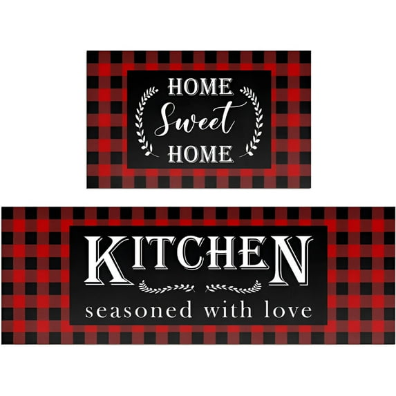 RLESO 2026 New Red Buffalo Plaid Kitchen Mat Set of 2 Non Slip Thick Kitchen Rugs and Mats for Floor Comfort Standing Mats for Kitchen,Sink,Office,Laundry,17"X47"+17"X28"