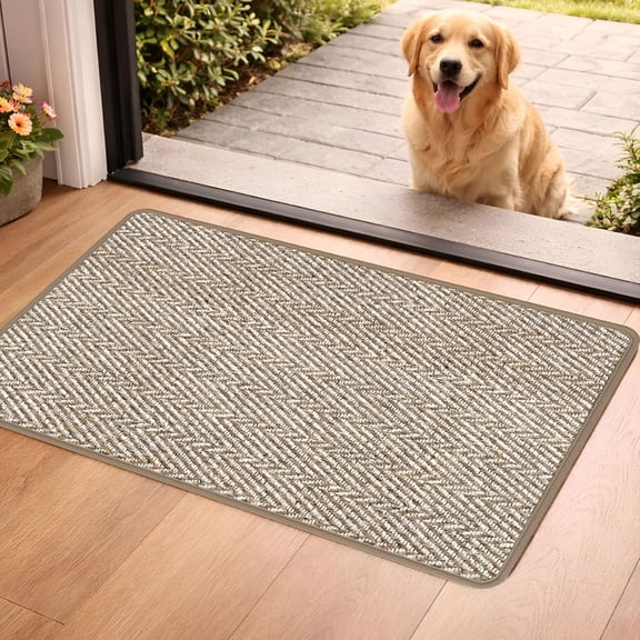 RLESO 2026 New Ultra Thin Indoor Doormat 24"X36" -Low Profile Entrance Rug for Front Door,Non-Slip Rubber Backing,High-Density Absorbent Faux Linen Herringbone Dirt Trapper Mat,Light Brown