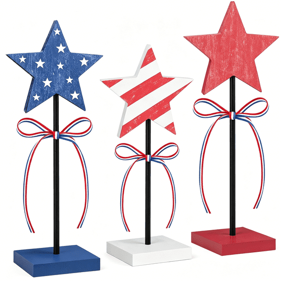 RLESO 3 PCS 4th of July Table Decorations Wooden Star Set,Rustic Memorial Day Table Decor,Red White and Blue Decorations for Home