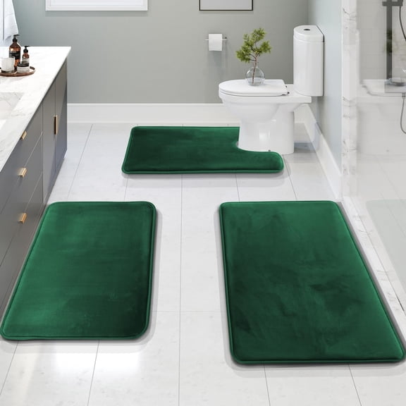 RLESO 3 Piece Bathroom Rugs Bath Mat Set, Velvet Memory Foam Bath Mats for Bathroom - Non-Slip, Pvc Backing Bath Rugs, Washable - Dries Quickly, Green Bathroom Rugs Non Slip Washable