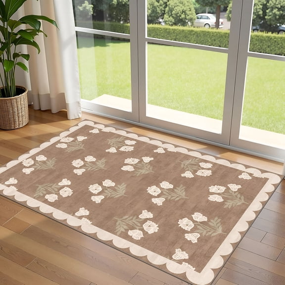 RLESO 3X5 Floral Entry Rug - Small Washable Indoor Outdoor Mats for Front Door Non-Slip Porch Rug Tan Boho Neutral Farmhouse Throw Rugs for Living Room Bedroom Entryway Kitchen Office Porch Decor