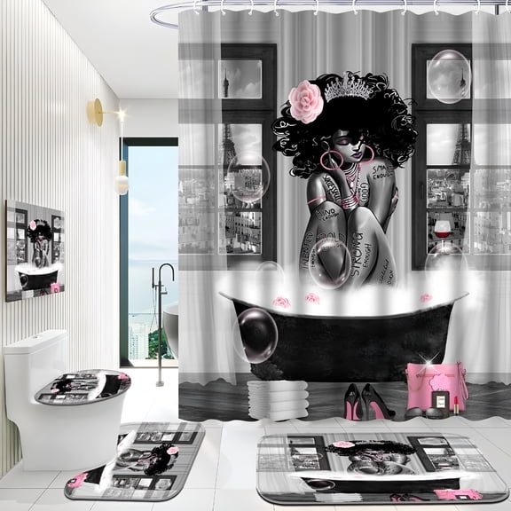 RLESO 4-Piece Black African American Girl Shower Curtain Set,Shower Curtain Sets with Rugs Paris Eiffel Tower Art Pattern Shower Curtain and Rug Set,12 Pcs Hooks,71Inx71In