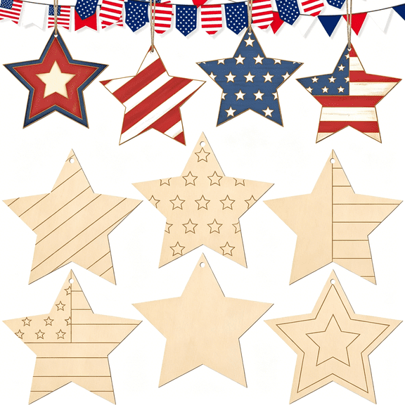 RLESO 4Th of July Stars Wood Crafts to Paint Set of 24,Memorial Day Unfinished Wooden Craft for Painting,Diy Paintable Veterans Labor Day Cutouts Slices for Craft with Ropes (Star)