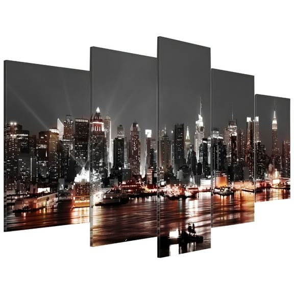RLESO 5 Piece New York City Canvas Wall Art, Manhattan Skyline Night View, Modern Unframed Decor for Home & Office