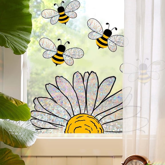 RLESO 5Pcs Spring Summer Bee Sunflower Window Stickers,Double-Side Glass Decals Shiny Rainbow Prism Window Clings for Mirror Glass Display Shop Office School Supplies Reusable