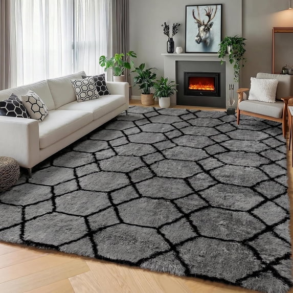 RLESO 5X7 Area Rugs for Living Room Bedroom,Fluffy Grey and Black Throw ...